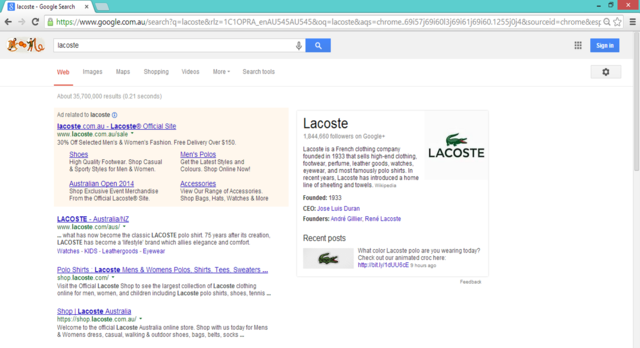 Fig. 1. Google Search Engine Response to Keyword Search for LACOSTE