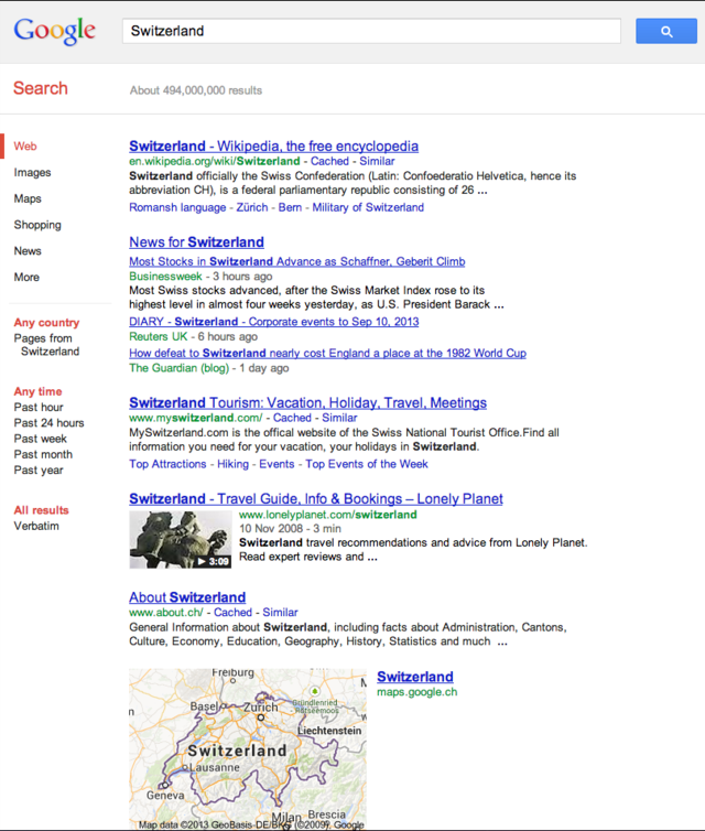 Fig. 2. Search results for 'Switzerland' on Google Switzerland (i.e. google.ch in English).