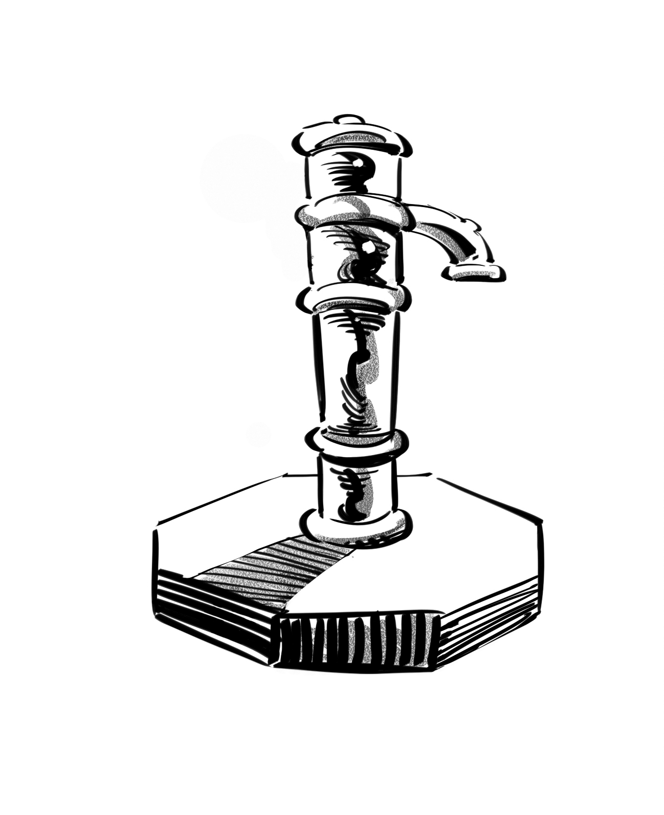 A hand-powered water pump, missing its handle