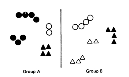 Figure 6.5 Patterns of geometric symbols grouped according to a two-out-of-three polymorphous rule (Dennis, Hampton, & Lea, 1973).