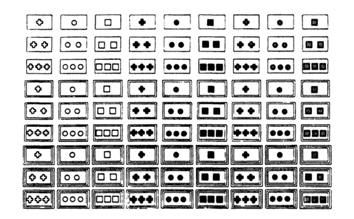 Figure 6.6 A set of cards used to study concept identification. The forms vary in number, shape, color, and number of borders (Bruner, Goodnow, & Austin, 1956).