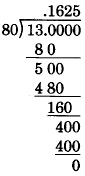 Thirteen point zero zero zero zero is being divided by eighty, using long division method. See the longdesc for a full description.