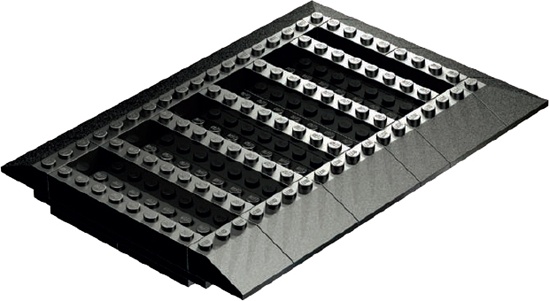 Flip the plates over, and then add slopes around the edges. The 1×8 bricks in the middle set the stage for the next layer.