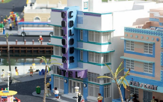 The colorful facade and sign of the Colour Hotel help add to the Art Deco feel of this Miami-inspired street scene. The models are part of the Miniland exhibit at LEGOLAND in Florida. (Photo by Michael Huffman)