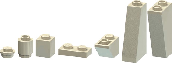 Various pieces for making miniland-sized legs (from left to right): 1×1 cylinder plates, 1×1 cylinders, 1×1 bricks, 1×2 plates, 1×2 inverted slopes (45 degrees), 2×1×3 standard slopes (75 degrees), and 2×1×3 inverted slopes (75 degrees)