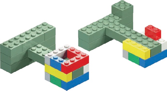 A close-up of the column and part of the main wall (left). On the right, the same two structures are shown with bricks removed to reveal how the light green 2×10 brick connects them.