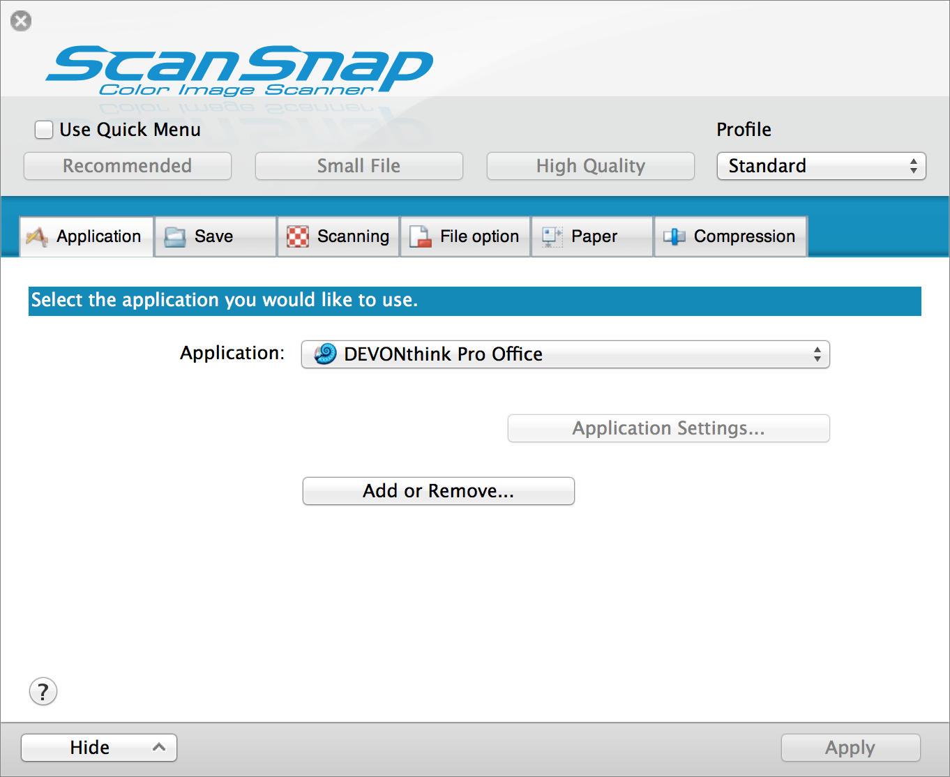 **Figure 3:** In ScanSnap Manager, choose an application on the Application tab to send scanned documents directly to it.