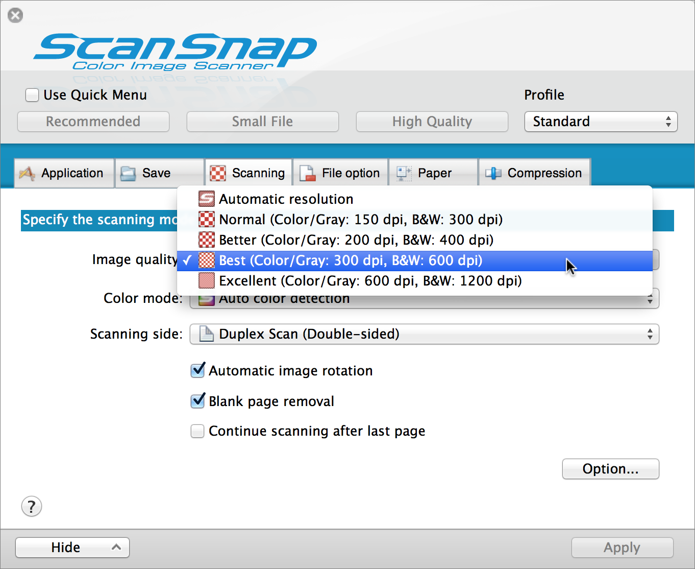 **Figure 2:** In ScanSnap Manager, choose a resolution from the Image Quality pop-up menu. The menu may be somewhat different depending on which version of the software you’re using.