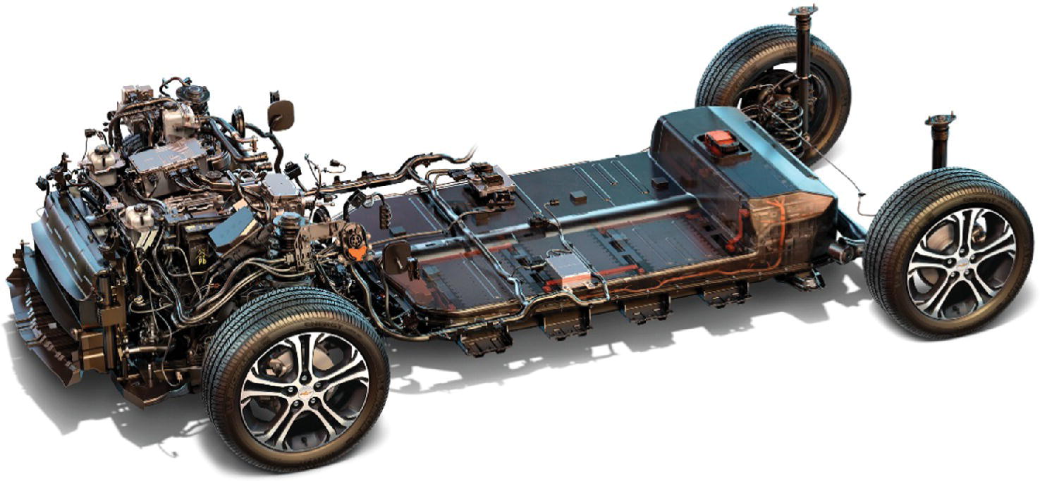 Computer-generated image of the battery and propulsion system of stripped-down Chevy Bolt.