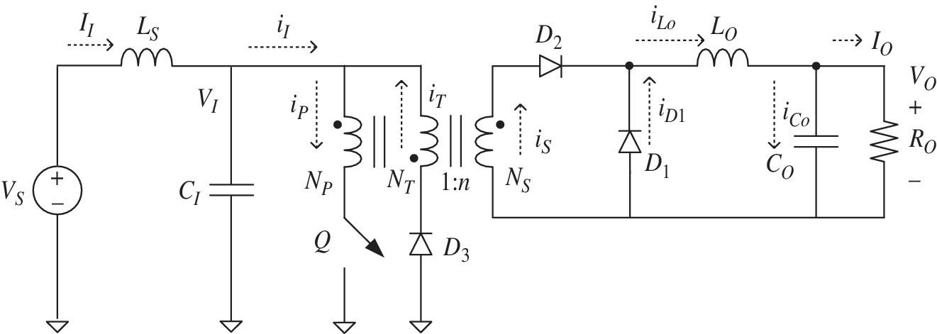 Circuit diagram of a forward converter with parts labeled VS, LS, CI, NP, Q, NT, D1, D2, D3, NS, LO, CO, and RO.