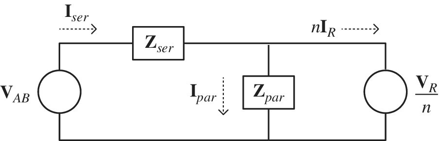 Equivalent circuit at fundamental frequency illustrating a rectangle with 2 circles in both sides labeled VAB and VR/n, 2 boxes with labels Zser and Zpar, and 3 arrows labeled Iser, nIR, and Ipar.