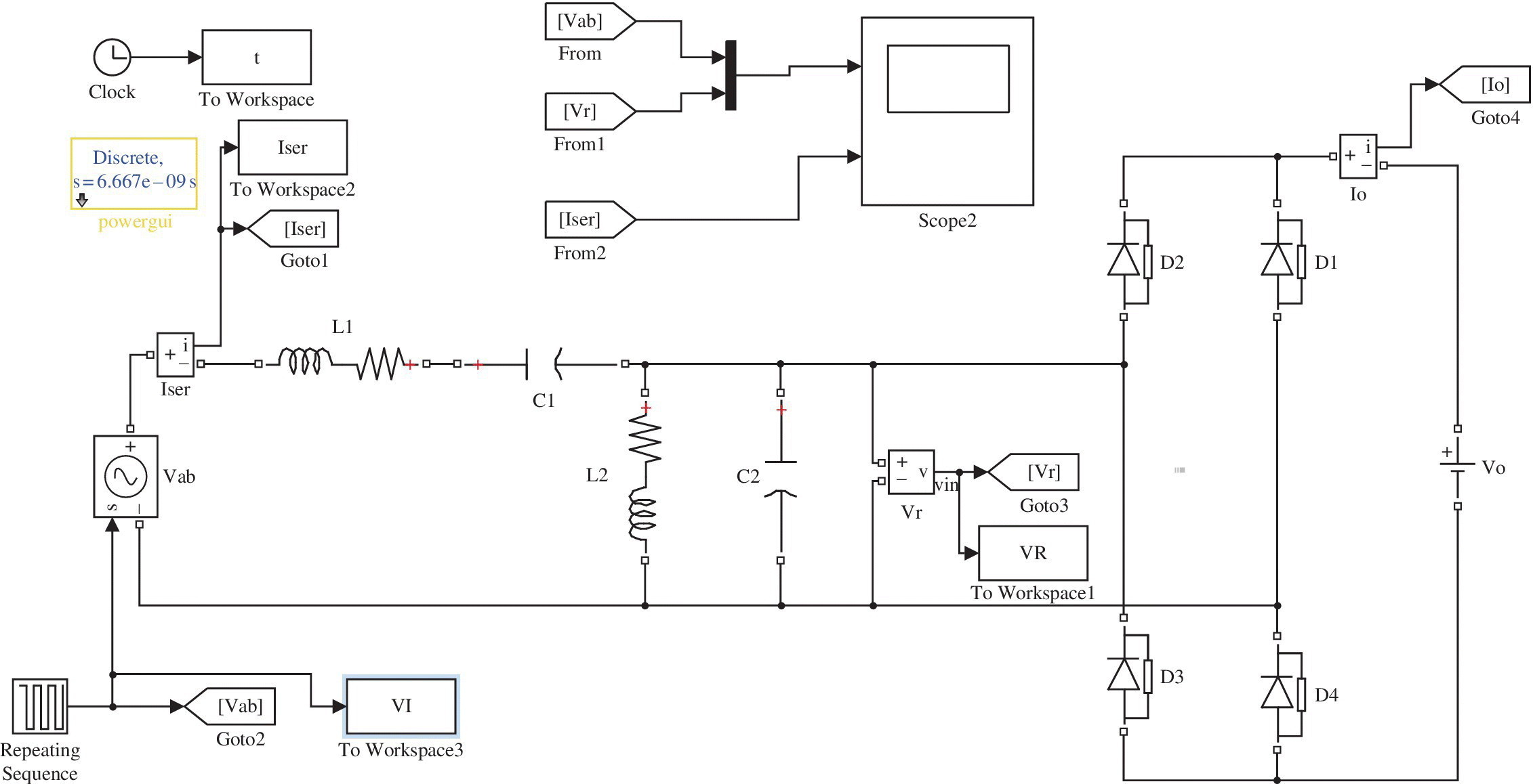 Simple LCLC circuit model with connecting arrows from repeating sequence leading to Goto2, to workspace3, to Goto1 and Workspace2, and to Goto4.