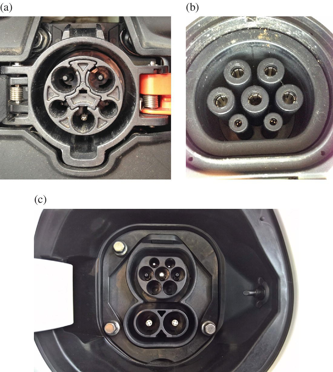 3 Photos displaying SAE J1772 level 2 socket (top left), VDE-AR-E 2623-2-2 plug (top right), and VDE-AR-E 2623-2-2 plus SAE combo socket (bottom).