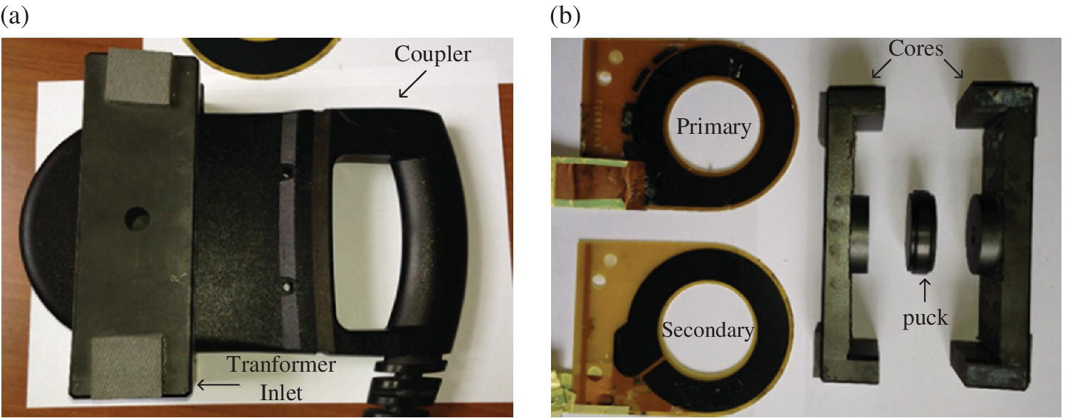 Left: Photo displaying the EV1 coupler with arrows on parts labeled coupler and transformer inlet. Right: Photo displaying the vehicle inlet with parts labeled primary, secondary, puck, and cores.