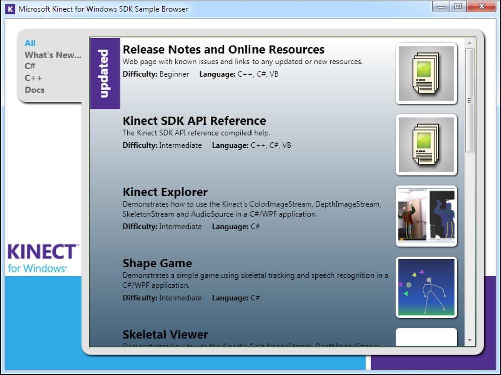 The Kinect SDK Sample Browser.