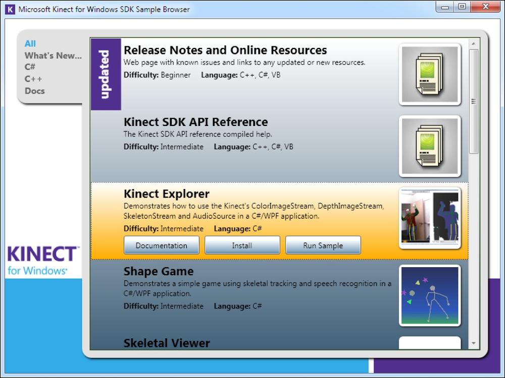 Selecting the Kinect Explorer program.