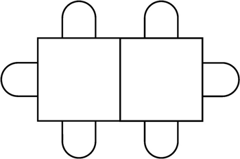 Illustration of the top view arrangement of two tables and six chairs.