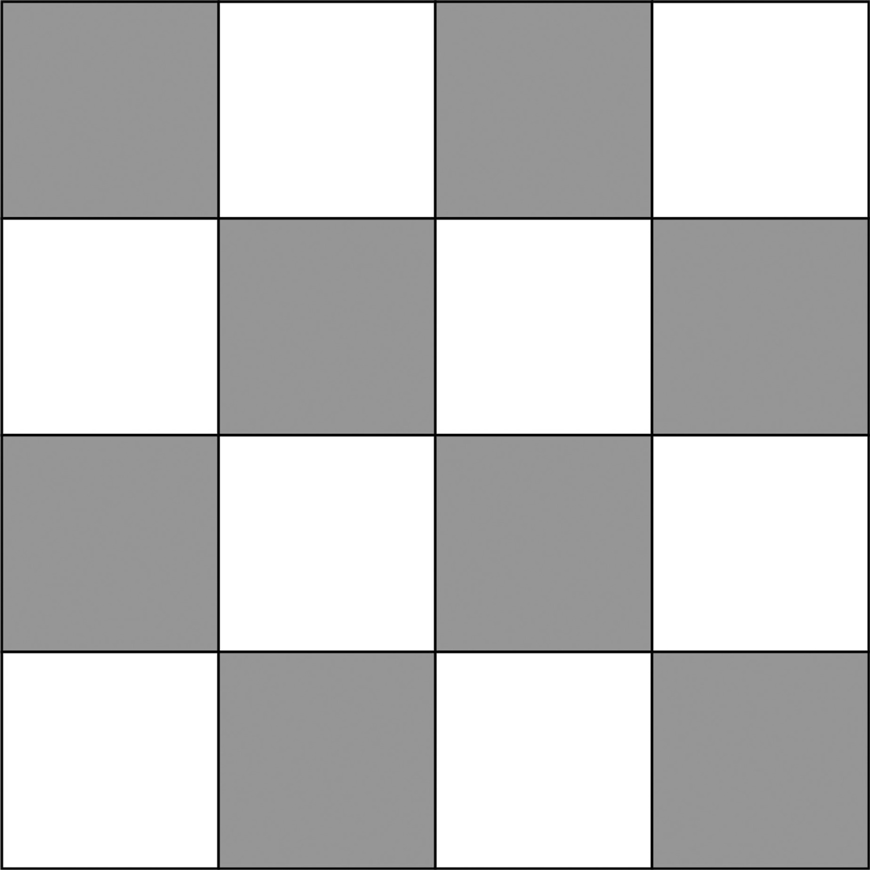 A four by four grid with alternating shaded and unshaded boxes. In the first and third rows, the first and third boxes are shaded. In the second and fourth rows, the second and fourth boxes are shaded.