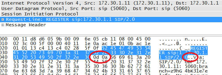 SIP request line as a hex dump