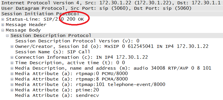 SIP SDP response message