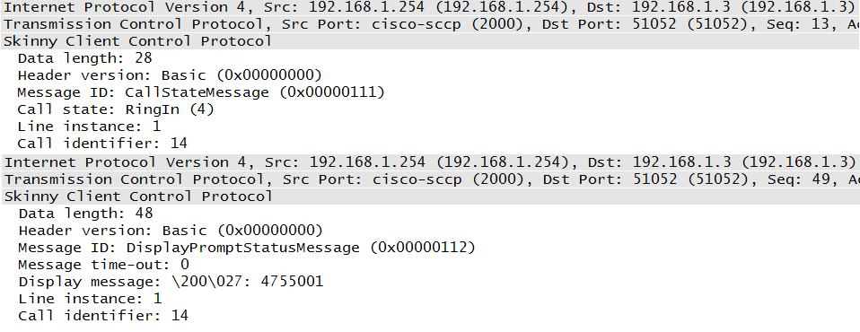 Skinny call-state and display-prompt messages