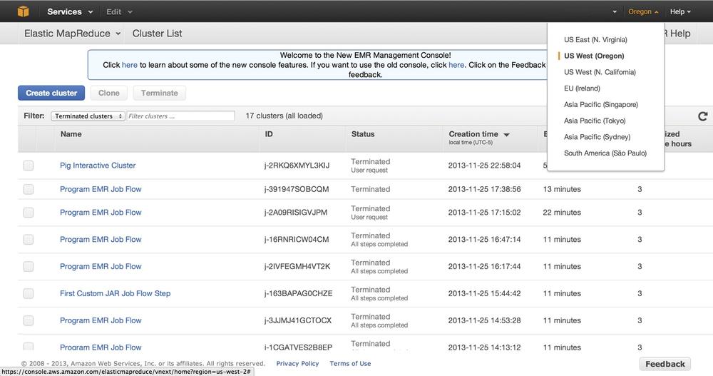 Amazon AWS region selections