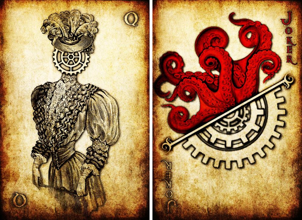 “The Queen of Cogs” (left) and “The First Joker” (right) from The Windrow-Ravenswood Deck (2010) (artwork courtesy of Dmitri Arbacauskas)