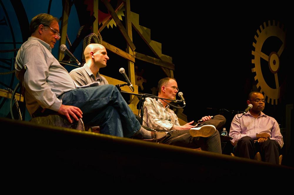 The steampunk panel at the 2012 Key West Literary Seminar. Pictured (l-r) are Robert Krulwich, China Miéville, William Gibson, and Dexter Palmer. (photo courtesy of Byrd McDonald)