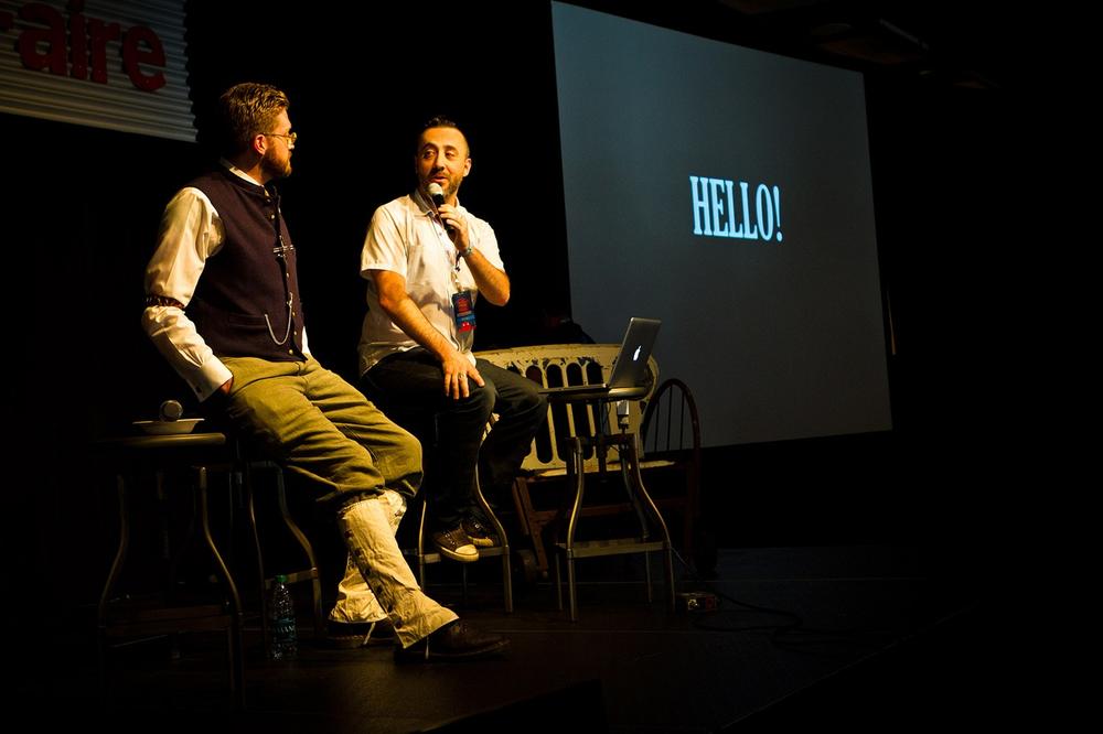 Our ostensible reason for being here; James H. Carrott and Byrd McDonald present Vintage Tomorrows during their panel at Maker Faire Bay Area 2012. (photo courtesy of Shawn Sundby)