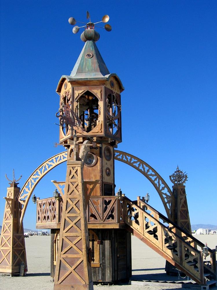 The real source of 21st Century steampunk? The Clocktower on site at Burning Man 2005. (photo courtesy of Kimric Smythe)