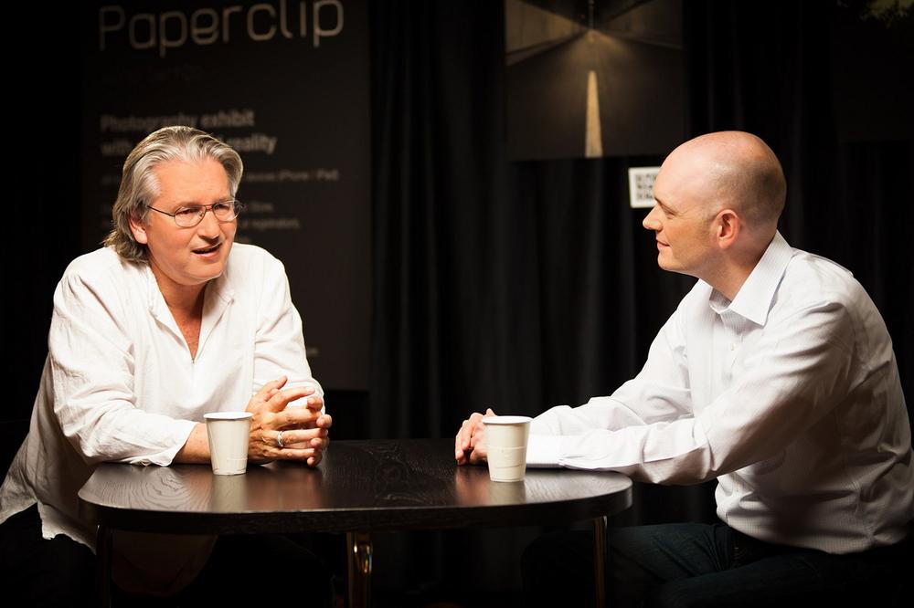 Bruce Sterling and Brian David Johnson chat at the Augmented Reality Event in Silicon Valley, California. (photo courtesy of Byrd McDonald)