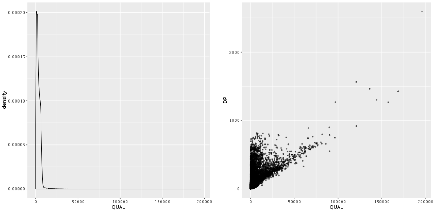 A) Density plot of QUAL; B) scatter plot of QUAL versus DP.