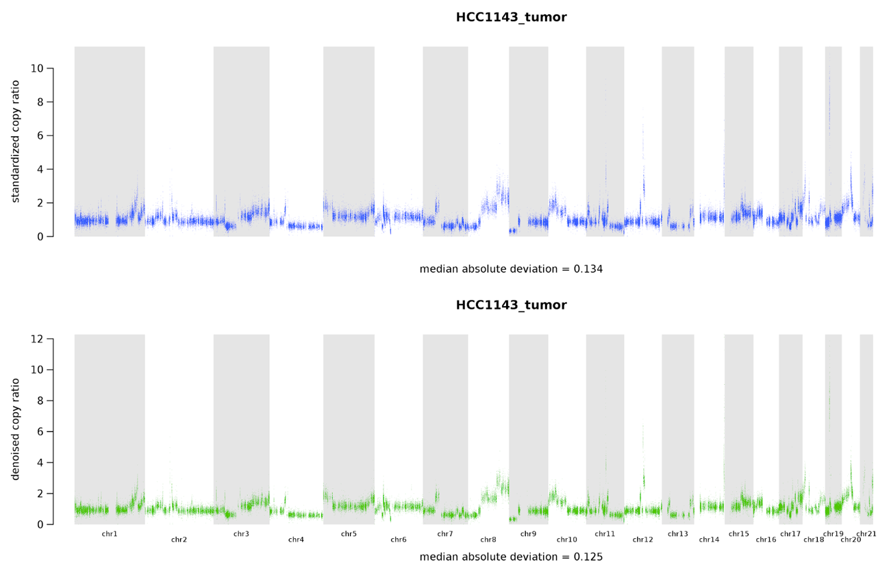 Copy-number alteration analysis plots showing the standardized copy ratios after the first step of denoising (top) and the fully denoised copy ratios after the second round (bottom).