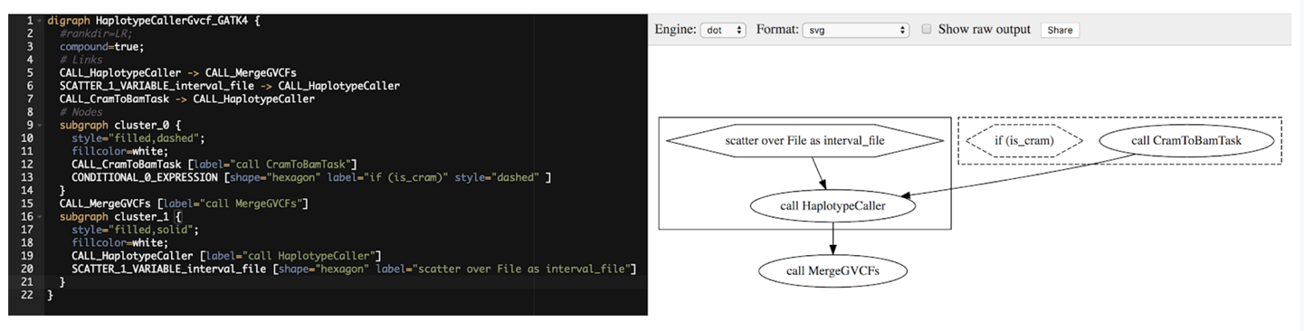 Graph description in JSON (left) and visual rendering (right).