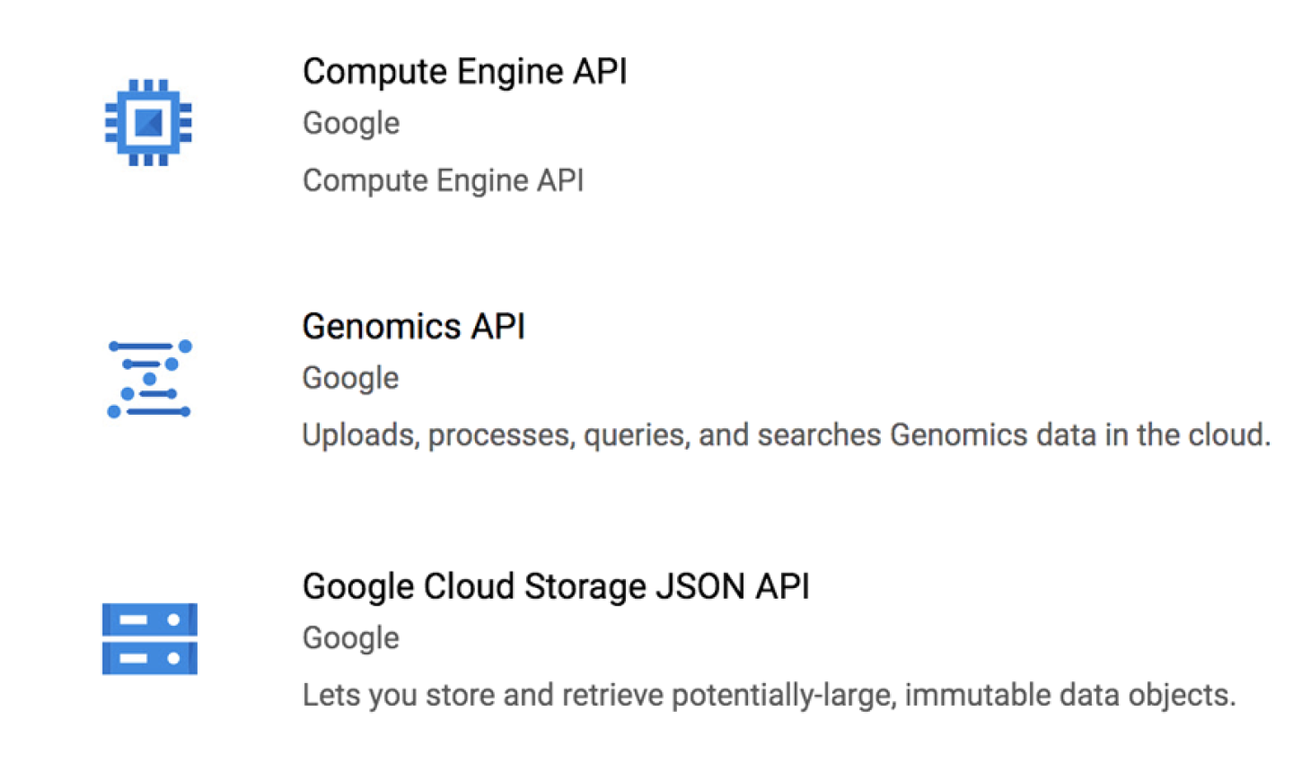 Logos and descriptions for the three required APIs: Genomics API, Cloud Storage JSON API, and Compute Engine API.