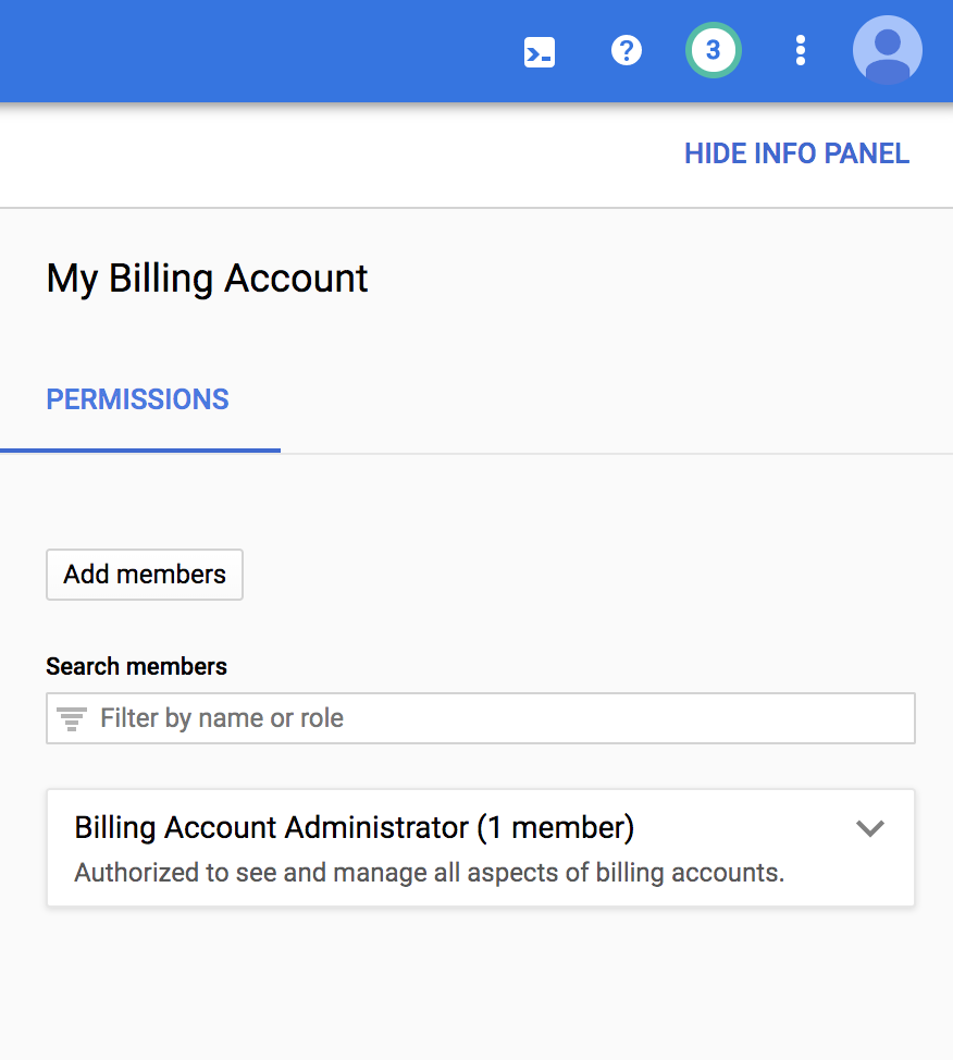 The GCP console Billing account permissions panel 