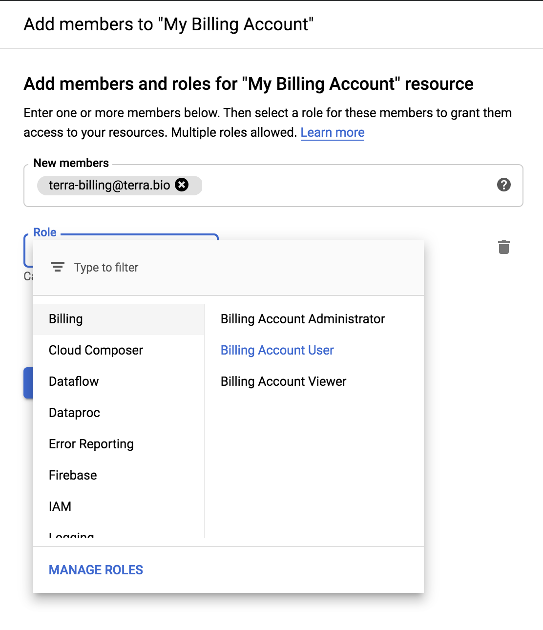 Adding the Terra billing user account as a user on a GCP billing account 