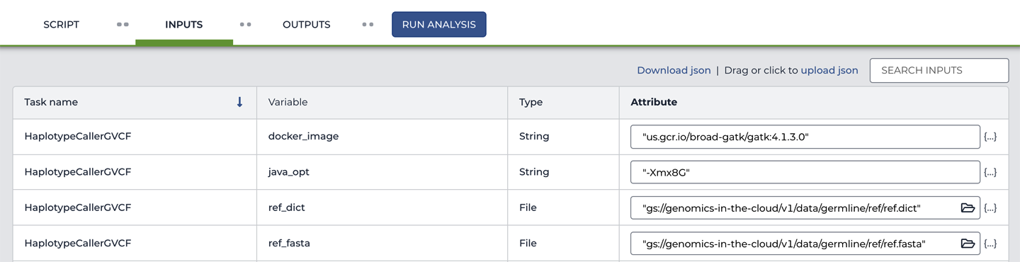 Viewing the workflow inputs.