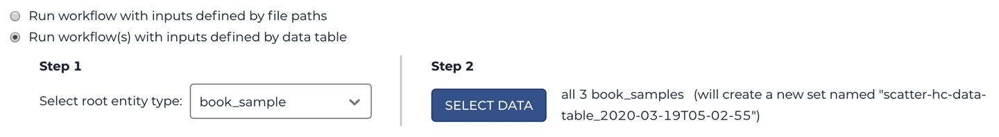 The second workflow is set to run on rows in a data table.