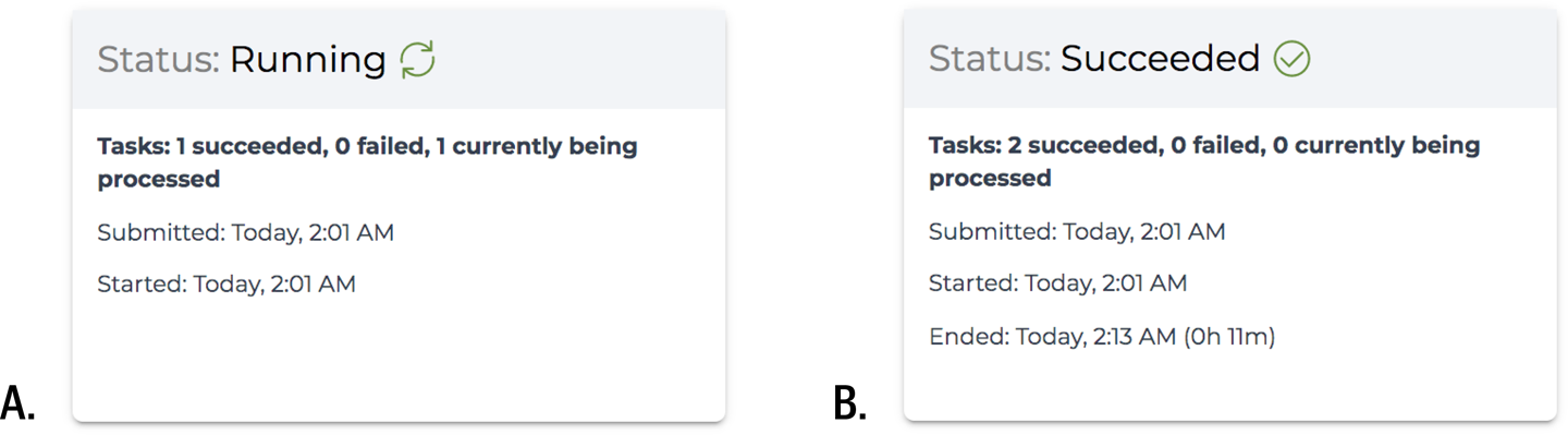 Workflow in A) Running state and, B) Succeeded state.