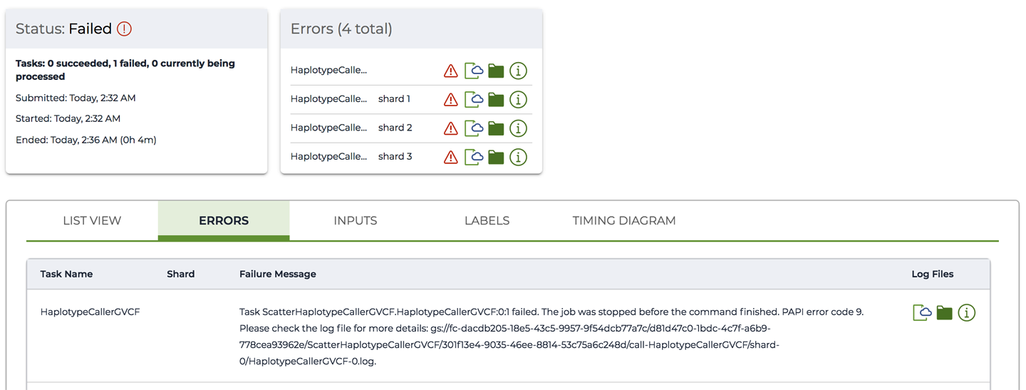 The workflow in Failed state with ERRORS summary and Failure Message.