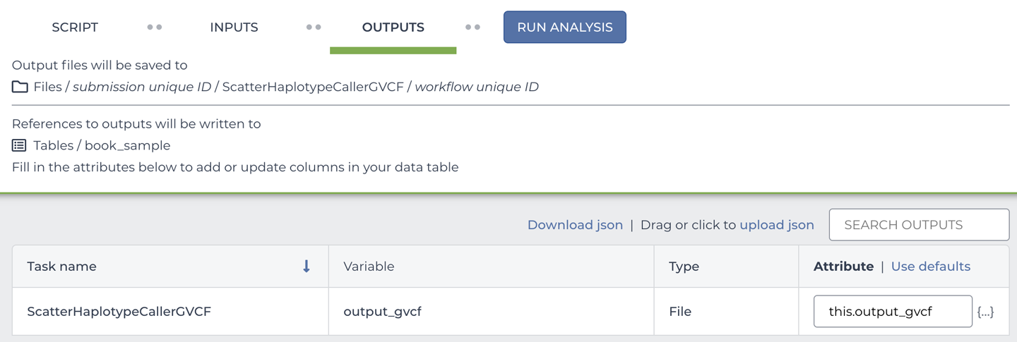 The workflow outputs configuration panel.