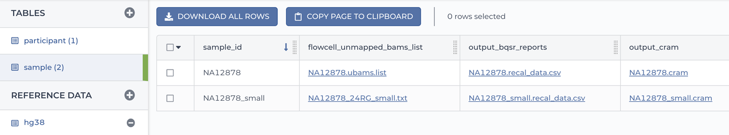 A list of tables and detailed view of the sample table.