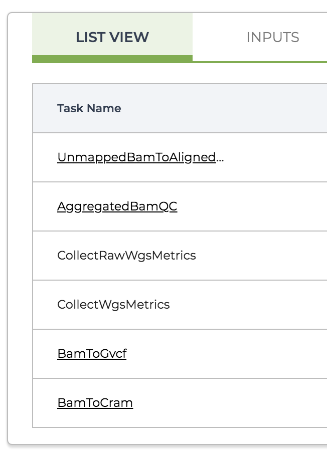 The List View of the task calls in the master workflow.