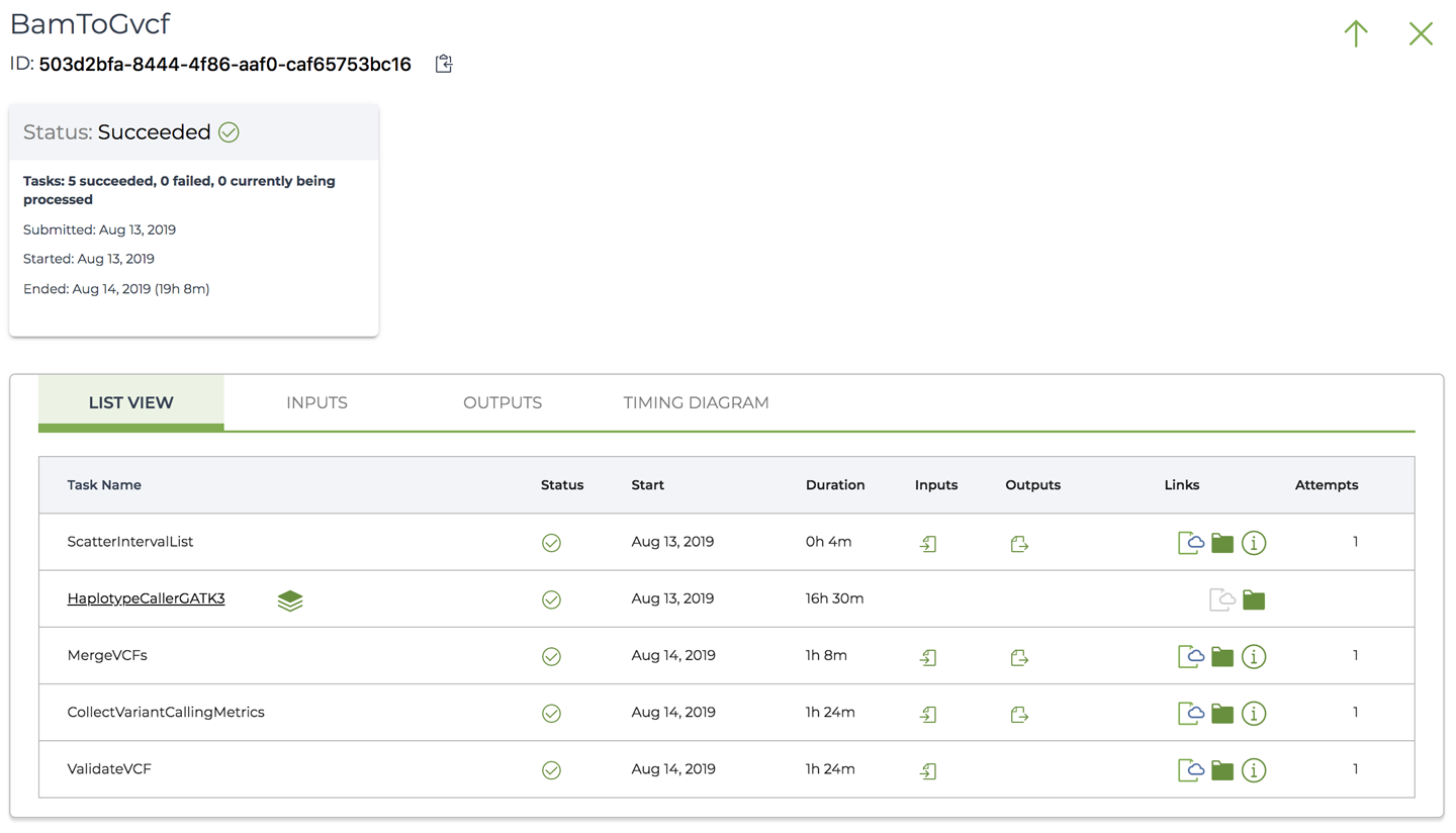 The workflow details page for the BamToGvcf subworkflow.