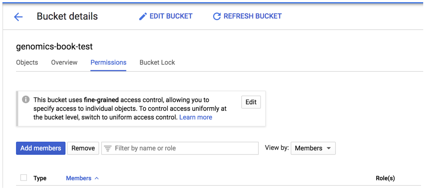 The bucket permissions panel showing accounts with access to the bucket.