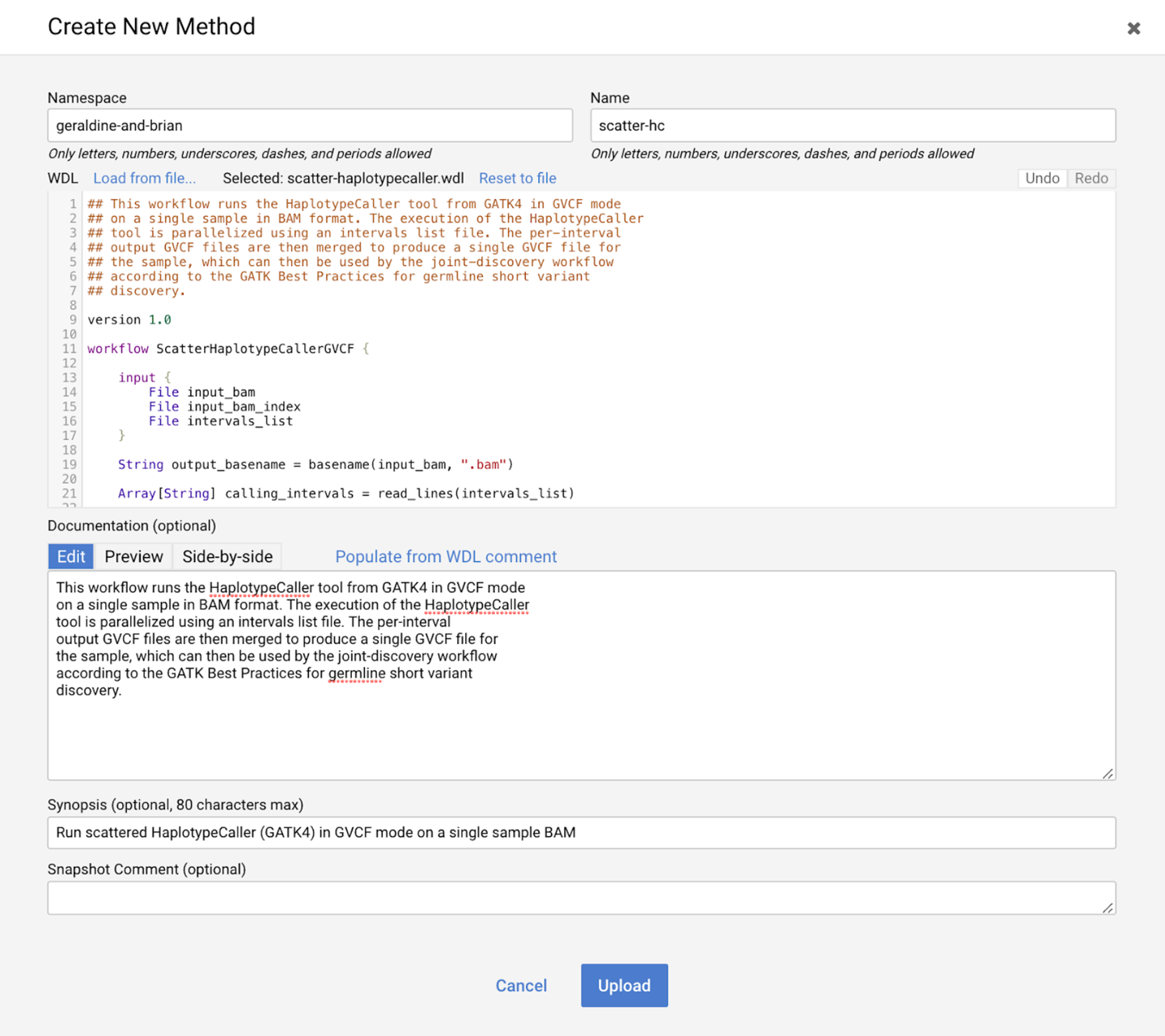 The Create New Method page in the Broad Methods Repository.