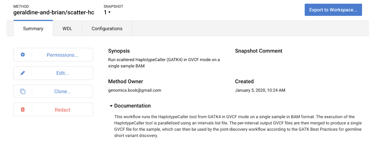 Summary page for the newly created workflow.