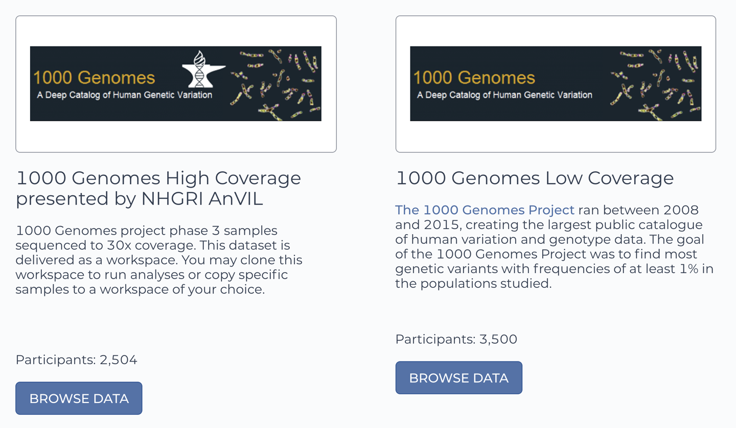 The Terra Data Library contains two different repositories of data from the 1000 Genomes Project.