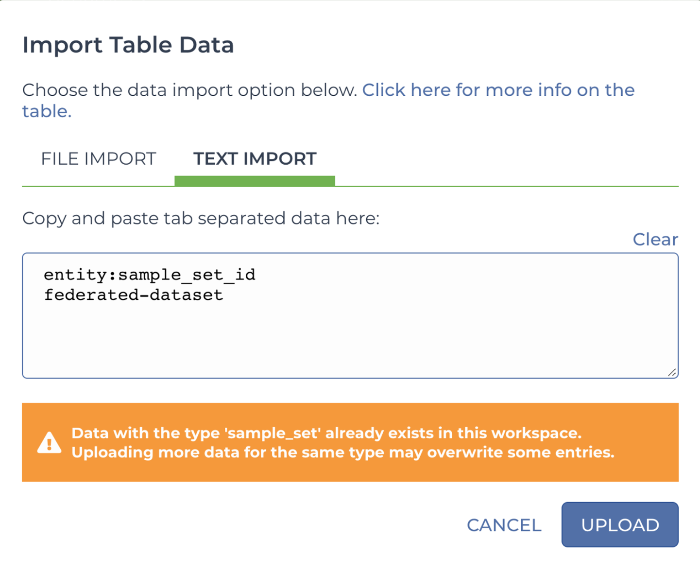 Direct text import of TSV-formatted data table content.